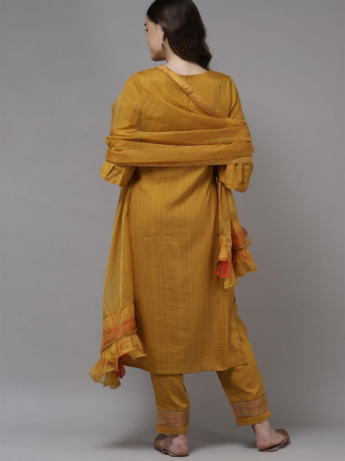 Yellow Embroidered Straight Kurta Trouser With Dupatta Set - Odette
