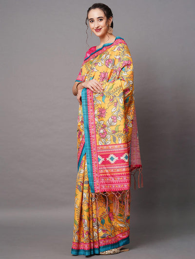 Yellow Festive Bhagalpuri Silk Printed Saree With Unstitched Blouse - Odette