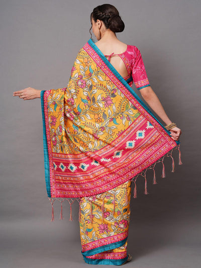 Yellow Festive Bhagalpuri Silk Printed Saree With Unstitched Blouse - Odette