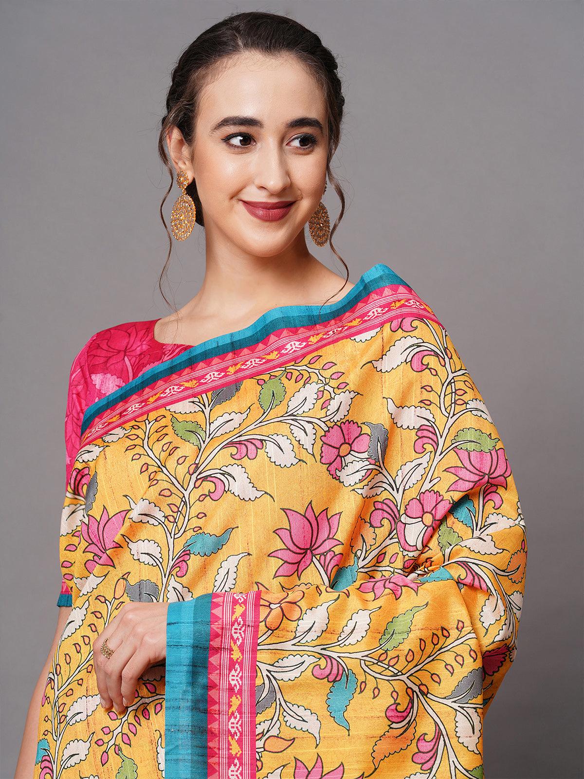 Yellow Festive Bhagalpuri Silk Printed Saree With Unstitched Blouse - Odette