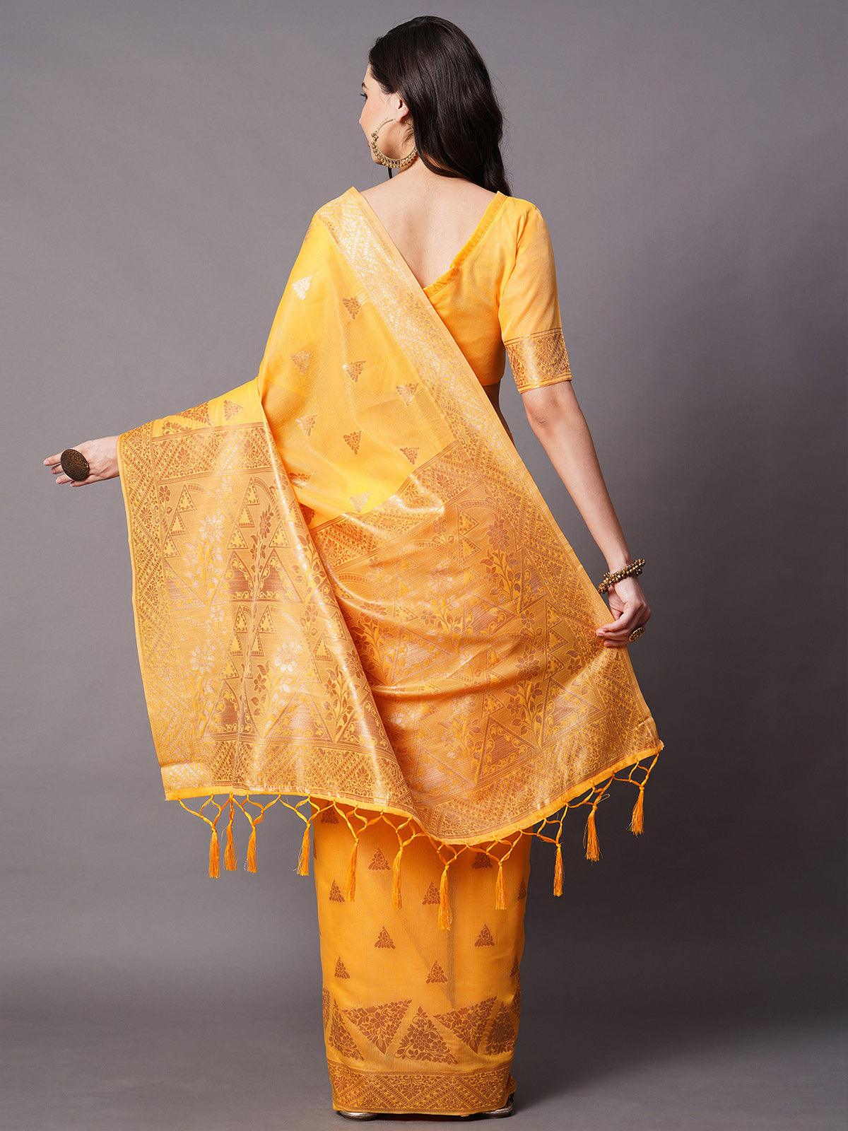 Yellow Festive Cotton silk Woven Design Saree With Unstitched Blouse - Odette