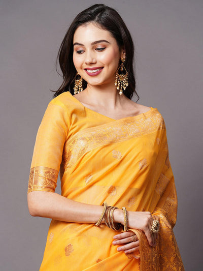 Yellow Festive Cotton silk Woven Design Saree With Unstitched Blouse - Odette