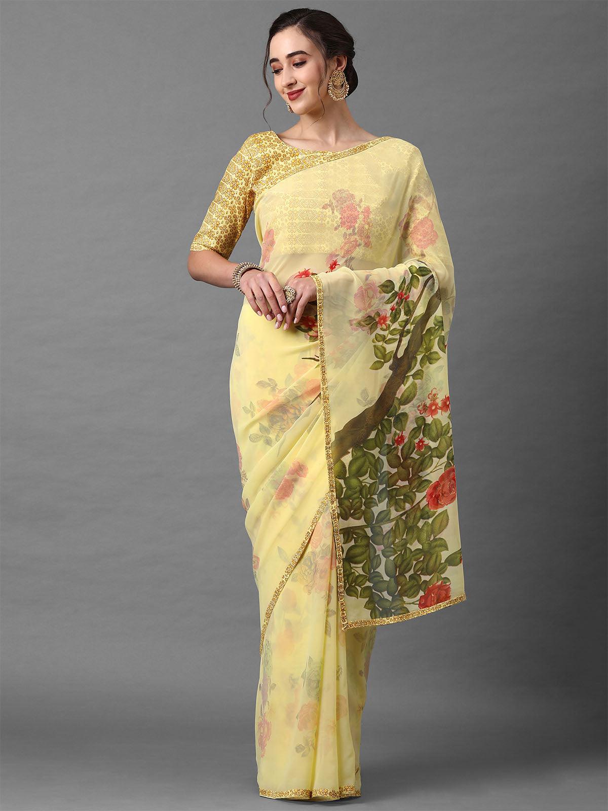 Yellow Festive Georgette Printed Saree With Unstitched Blouse - Odette