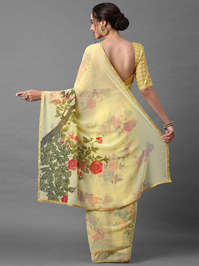 Yellow Festive Georgette Printed Saree With Unstitched Blouse - Odette