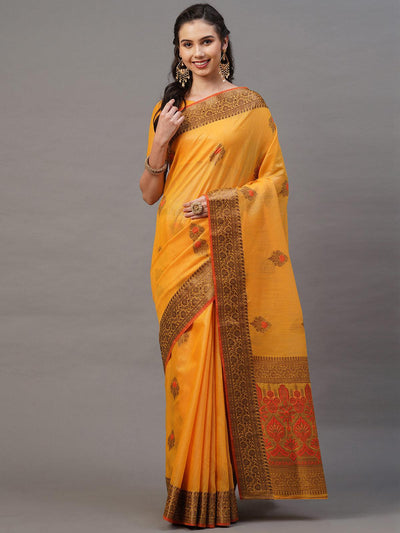 Yellow Festive Silk Blend Woven Design Saree With Unstitched Blouse - Odette
