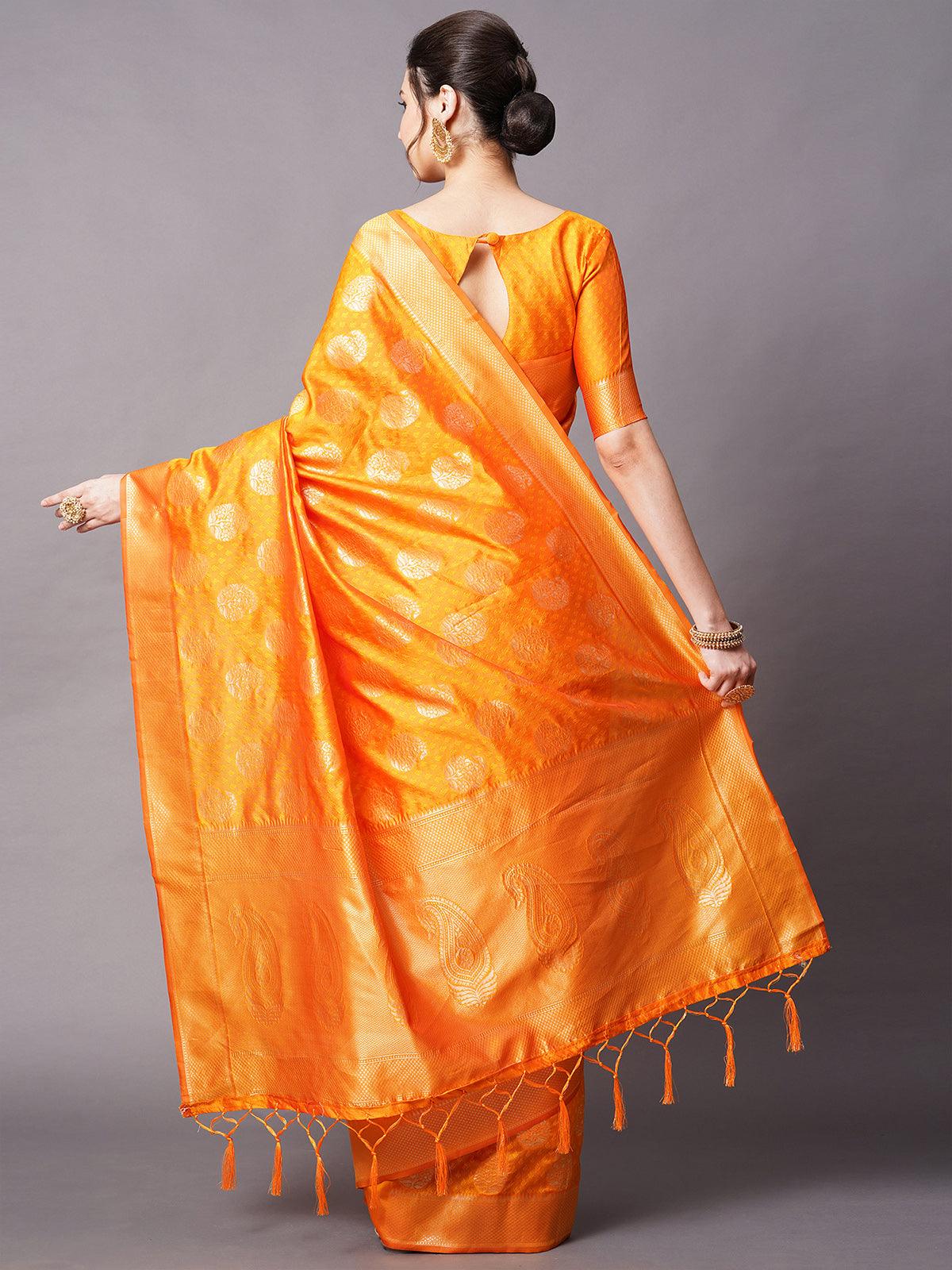 Yellow Festive Silk Blend Woven Design Saree With Unstitched Blouse - Odette