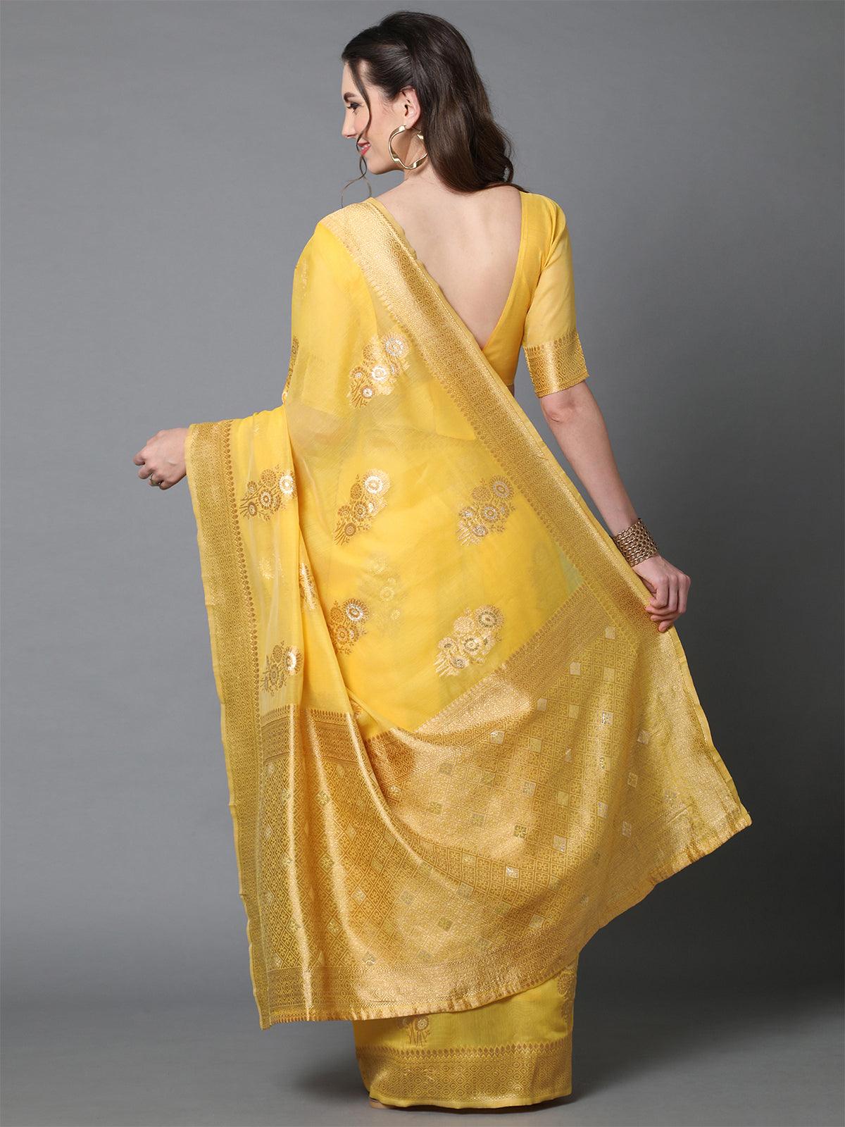 Yellow Festive Silk Blend Woven Design Saree With Unstitched Blouse - Odette