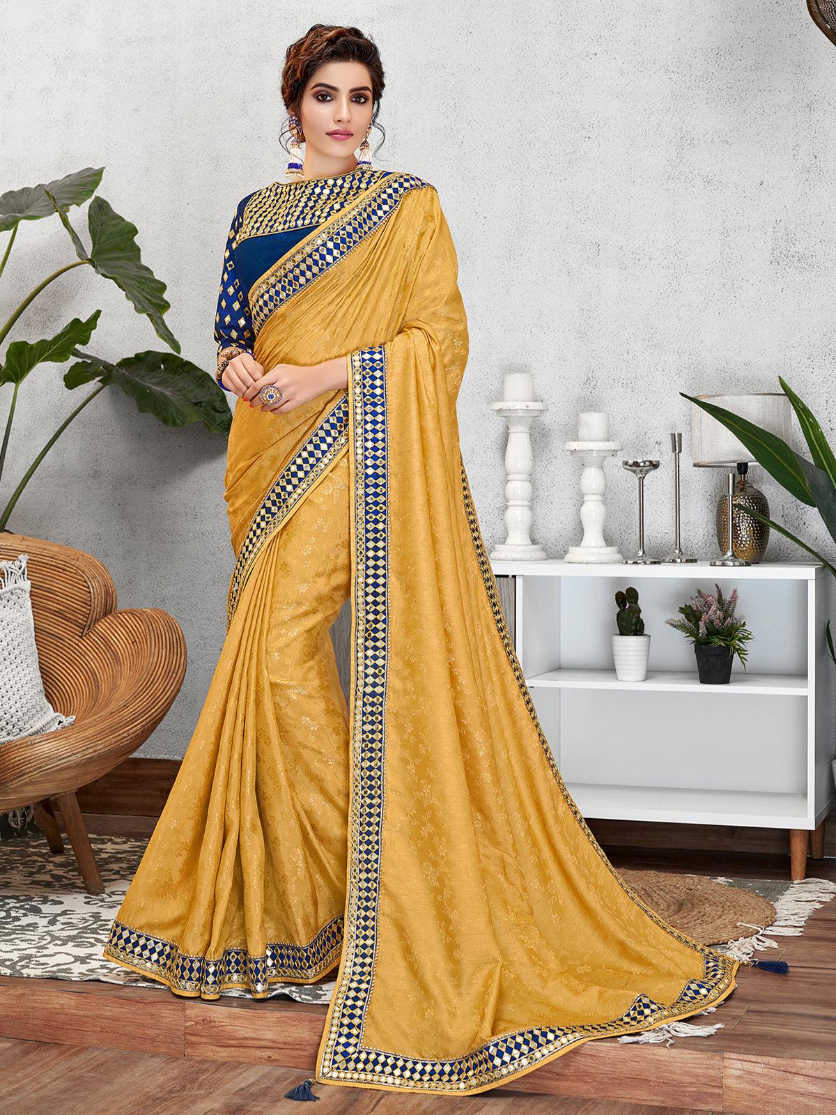 Yellow Jacquard Silk Designer Saree With Blouse. - Odette