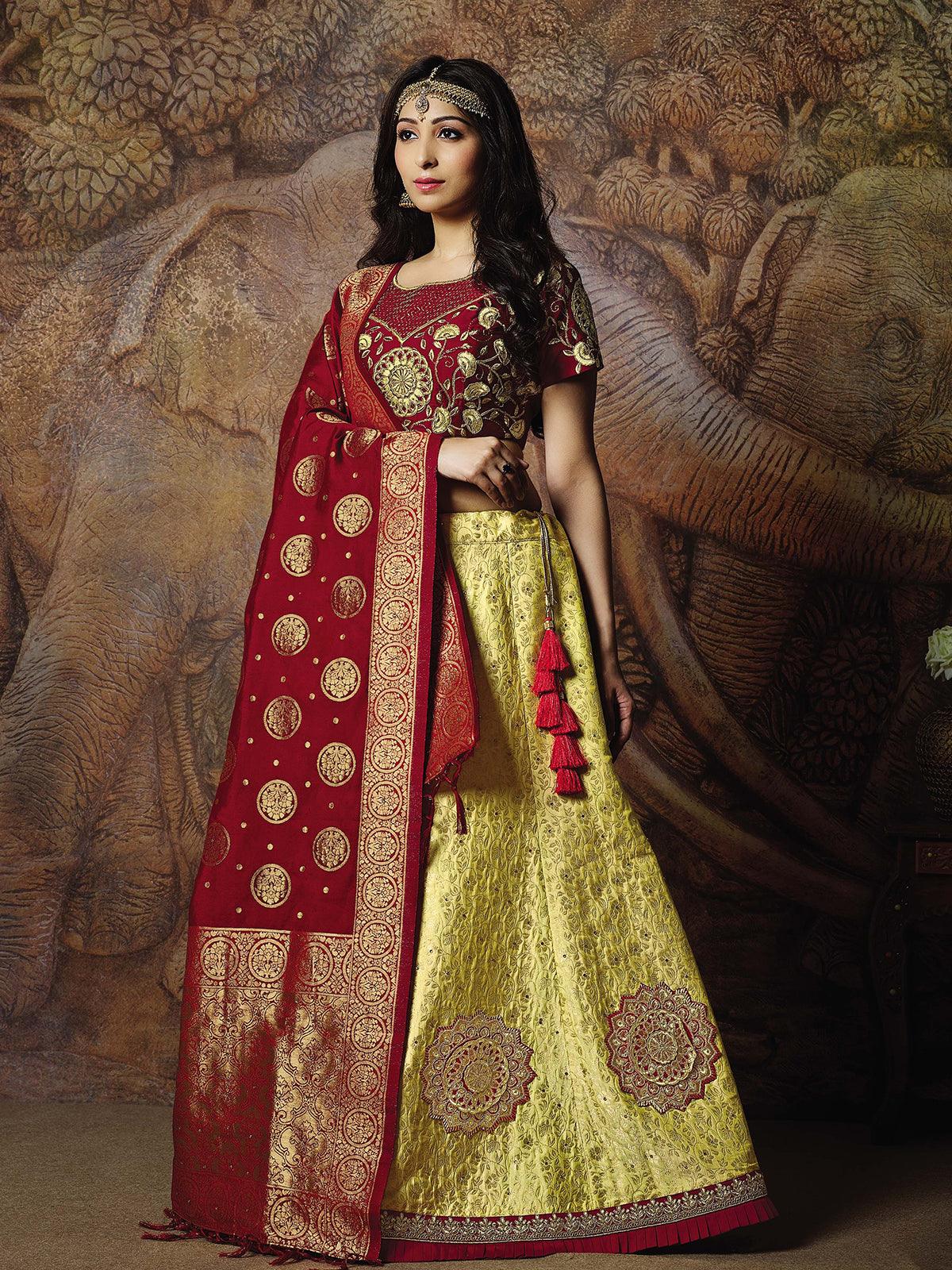 Yellow Jacquard weaved silk Designer Lehenga Choli. - Odette