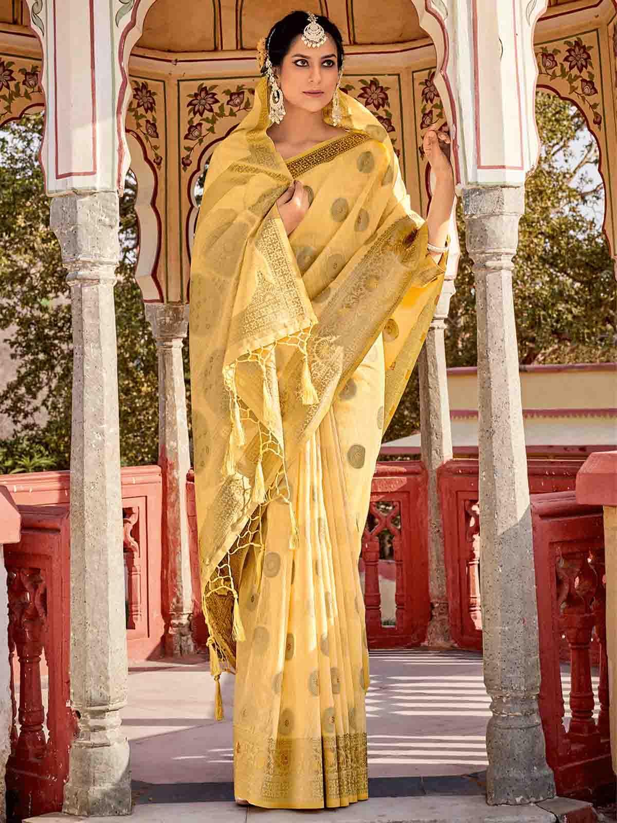 Yellow Linen Woven Design Saree With Blouse Piece - Odette