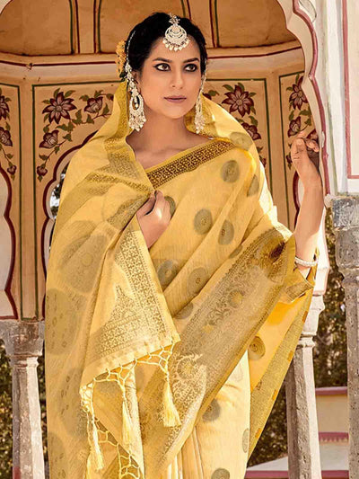 Yellow Linen Woven Design Saree With Blouse Piece - Odette