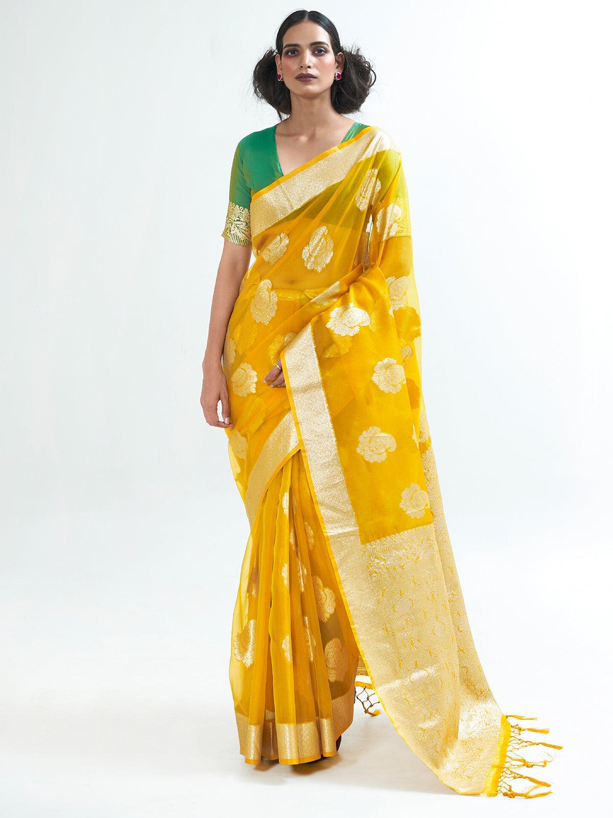 Yellow Party Wear Organza Woven Design Saree With Unstitched Blouse - Odette