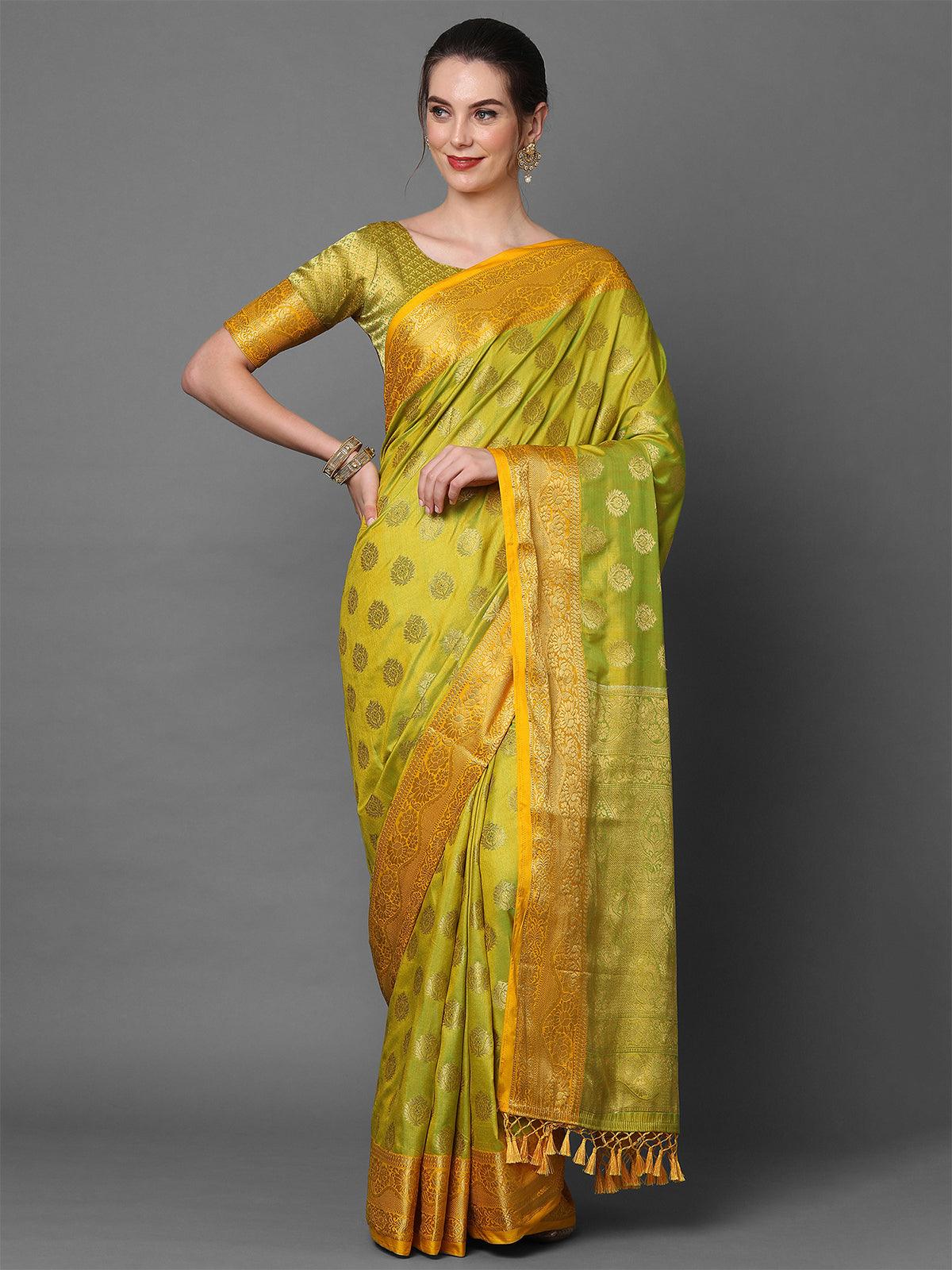 Yellow Party Wear Silk Blend Woven Design Saree With Unstitched Blouse - Odette