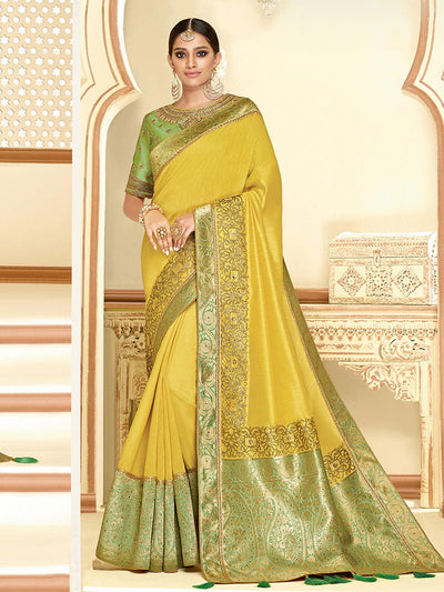 Yellow Satin Silk Designer Saree With Blouse. - Odette