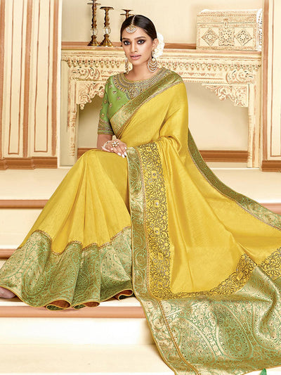 Yellow Satin Silk Designer Saree With Blouse. - Odette